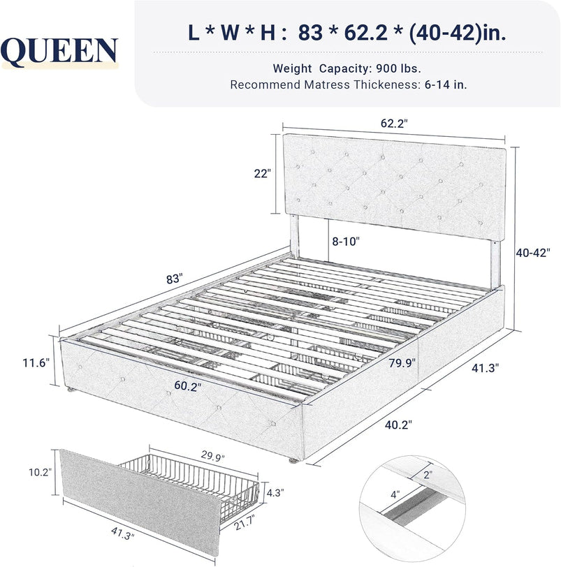 Allewie Upholstered Queen Size Platform Bed Frame with 4 Storage Drawers and Headboard, Square Stitched Button Tufted