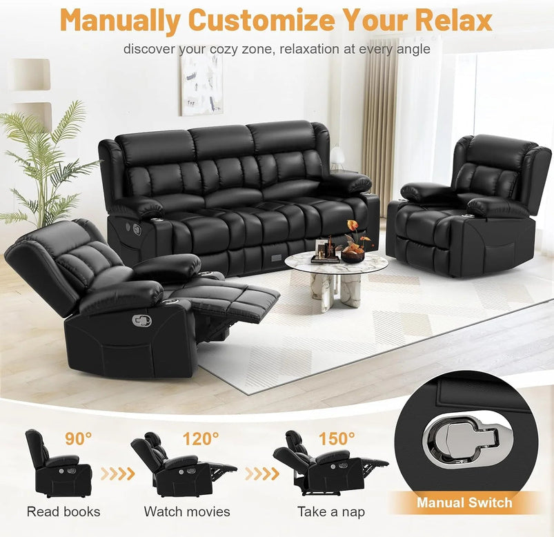 3 Seat Reclining Sofa with Storage Drawer USB Ports and Cup Holders Manual Couch