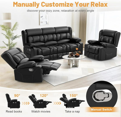 3 Seat Reclining Sofa with Storage Drawer USB Ports and Cup Holders Manual Couch