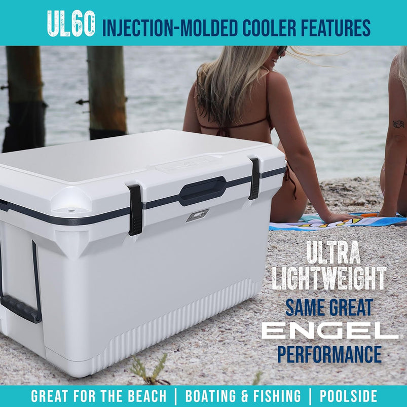 60 QT Ultra-Light Injection Molded Cooler, Ice Chest Keeps Ice up to 7 Days, Large Cooler Includes Wire Basket, Divider and Built-in Bottle Opener