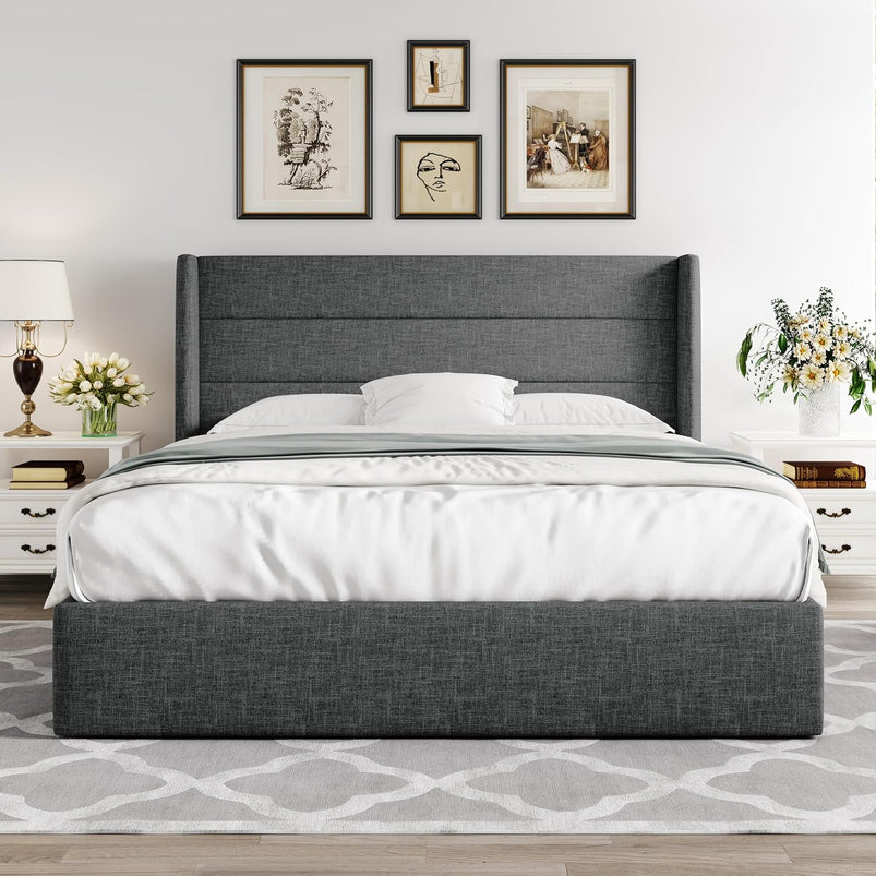 Allewie Queen Size Lift up Storage Bed, Modern Wingback Headboard, Hydraulic Support, Light Beige