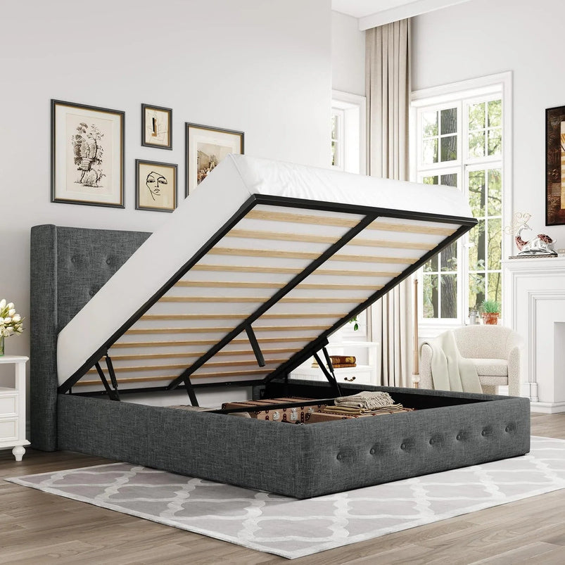 Allewie Queen Size Lift up Storage Bed, Modern Wingback Headboard, Hydraulic Support, Light Beige