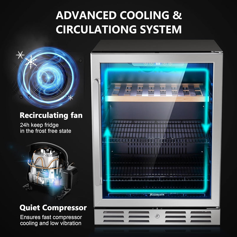 24 Inch Wine Cooler, 46 Bottle, Dual Zone Built-in or Freestanding Fridge with Stainless Steel Reversible Glass Door, for Home, Kitchen, or Office