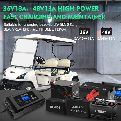 36 Volt Golf Cart Charger 18-Amp Smart Charger, Car Battery Trickle Charger, 36V, 18-Amp and 48V, 13-Amp, Lithium, LiFePO4