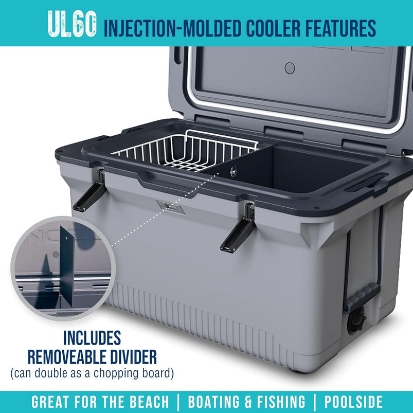 60 QT Ultra-Light Injection Molded Cooler, Ice Chest Keeps Ice up to 7 Days, Large Cooler Includes Wire Basket, Divider and Built-in Bottle Opener