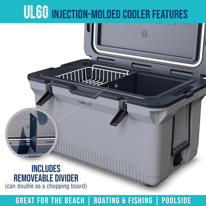 60 QT Ultra-Light Injection Molded Cooler, Ice Chest Keeps Ice up to 7 Days, Large Cooler Includes Wire Basket, Divider and Built-in Bottle Opener