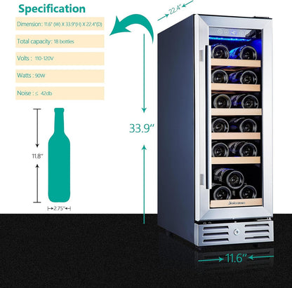 24 Inch Wine Cooler, 46 Bottle, Dual Zone Built-in or Freestanding Fridge with Stainless Steel Reversible Glass Door, for Home, Kitchen, or Office
