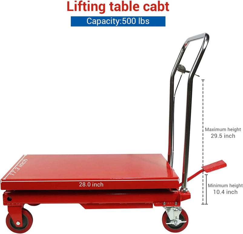 500LBS Hydraulic Lift Table Cart, 30" Lifting Height., Double Scissor Lift Table with 4 Wheels and Non-Slip Pad