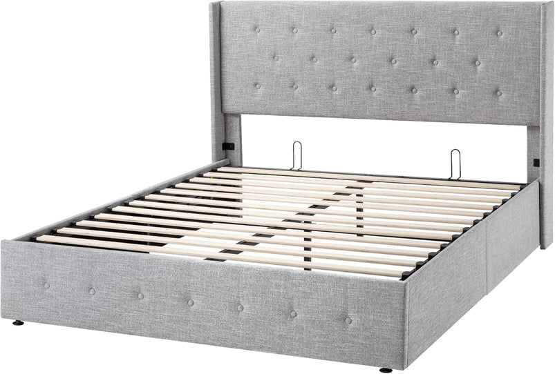 Allewie Queen Size Lift up Storage Bed, Modern Wingback Headboard, Hydraulic Support, Light Beige