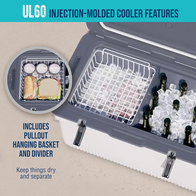 60 QT Ultra-Light Injection Molded Cooler, Ice Chest Keeps Ice up to 7 Days, Large Cooler Includes Wire Basket, Divider and Built-in Bottle Opener
