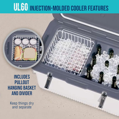 60 QT Ultra-Light Injection Molded Cooler, Ice Chest Keeps Ice up to 7 Days, Large Cooler Includes Wire Basket, Divider and Built-in Bottle Opener