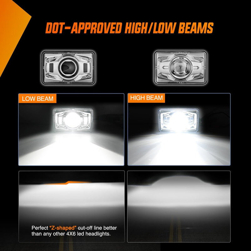 4x6 "LED Headlights 60W Dot Approved Hi/Lo Sealed Beam Rectangular Headlights Replacement H4651 H4652 H4656 H4666 H6545 Compatible Kenworth Peter