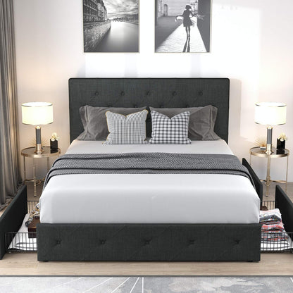 Allewie Upholstered Queen Size Platform Bed Frame with 4 Storage Drawers and Headboard, Square Stitched Button Tufted