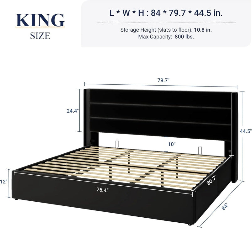 Allewie Queen Size Lift up Storage Bed, Modern Wingback Headboard, Hydraulic Support, Light Beige