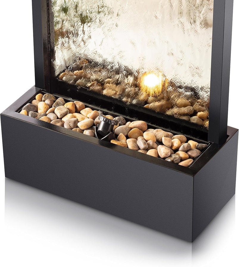 Alpine Mirror Waterfall Fountain with Stones and Lights, 72", Indoor/Outdoor Zen Decor