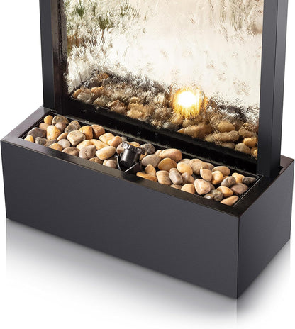 Alpine Mirror Waterfall Fountain with Stones and Lights, 72", Indoor/Outdoor Zen Decor