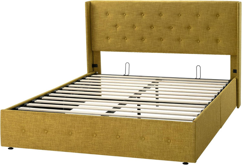 Allewie Queen Size Lift up Storage Bed, Modern Wingback Headboard, Hydraulic Support, Light Beige