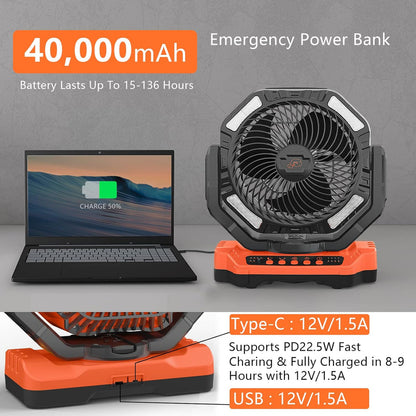 40, 000mAh Battery Operated Fan, 13" Remote Camping Fan with LED Auto-Oscillating Rechargeable Fan Powerful Portable Desk Fan for Home, Camping, RV