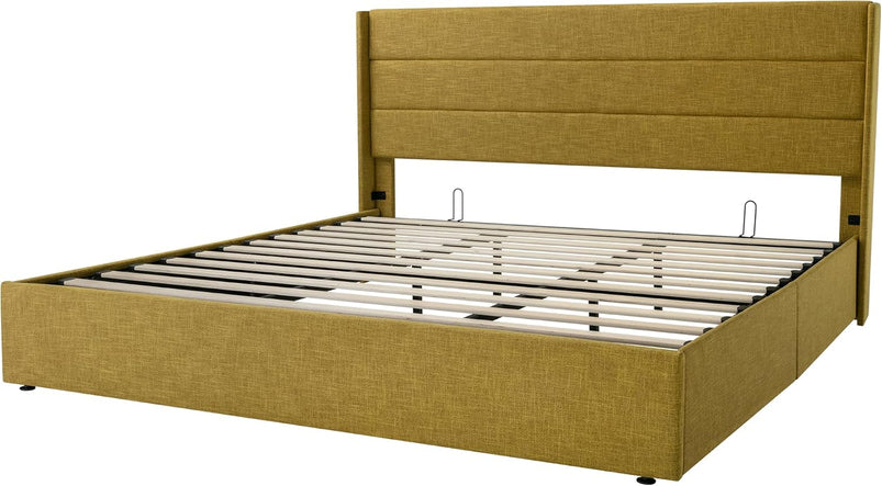 Allewie Queen Size Lift up Storage Bed, Modern Wingback Headboard, Hydraulic Support, Light Beige