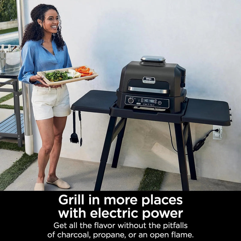 7-in-1 Grill and Smoker with Thermometer, Air Fryer, BBQ, Bake, Roast, Broil, Portable Electric Outdoor Grill, Grey