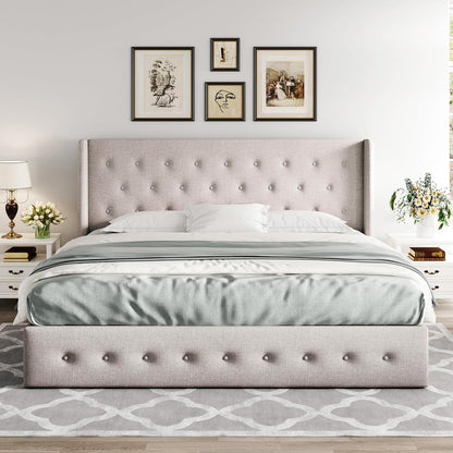 Allewie Queen Size Lift up Storage Bed, Modern Wingback Headboard, Hydraulic Support, Light Beige