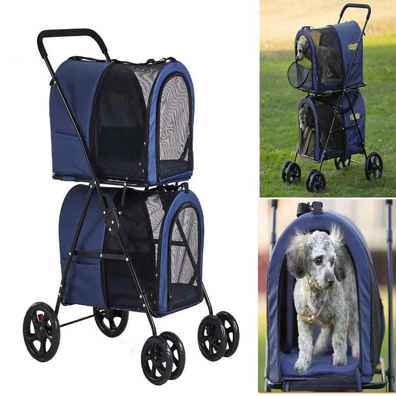 42 Double Pet Stroller for 2 Dogs and Cats, 4 Wheels Dog Strollers Folding Travel Cat Stroller with Suspension System, Navy Blue
