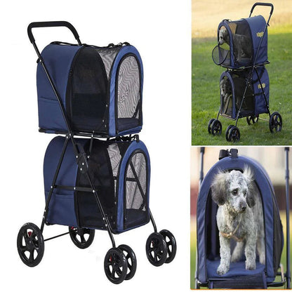 42 Double Pet Stroller for 2 Dogs and Cats, 4 Wheels Dog Strollers Folding Travel Cat Stroller with Suspension System, Navy Blue