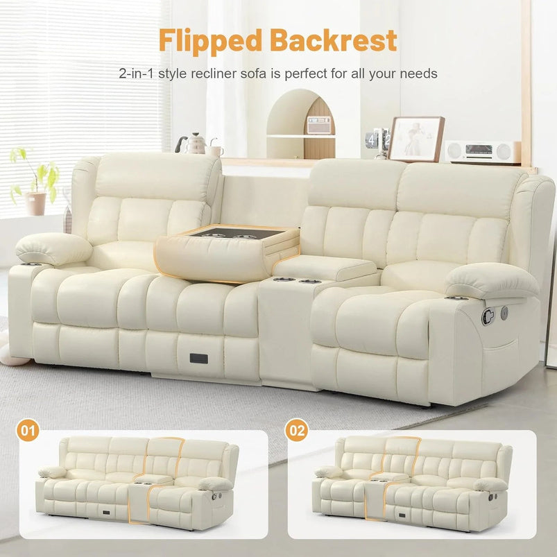 3 Seat Reclining Sofa with Storage Drawer USB Ports and Cup Holders Manual Couch