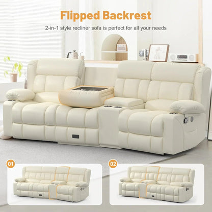 3 Seat Reclining Sofa with Storage Drawer USB Ports and Cup Holders Manual Couch