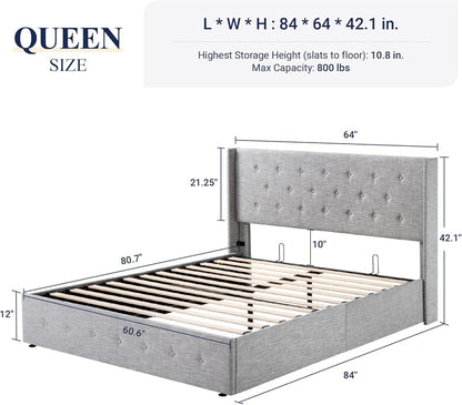Allewie Queen Size Lift up Storage Bed, Modern Wingback Headboard, Hydraulic Support, Light Beige