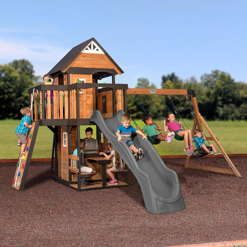 Backyard Discovery Canyon Creek Cedar Wood Swing Set with Wave Slide, Clubhouse, Play Kitchen, Picnic Area, Belt Swings, Web Swing, Rock Wall