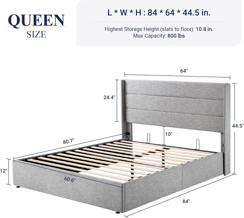 Allewie Queen Size Lift up Storage Bed, Modern Wingback Headboard, Hydraulic Support, Light Beige