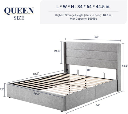Allewie Queen Size Lift up Storage Bed, Modern Wingback Headboard, Hydraulic Support, Light Beige
