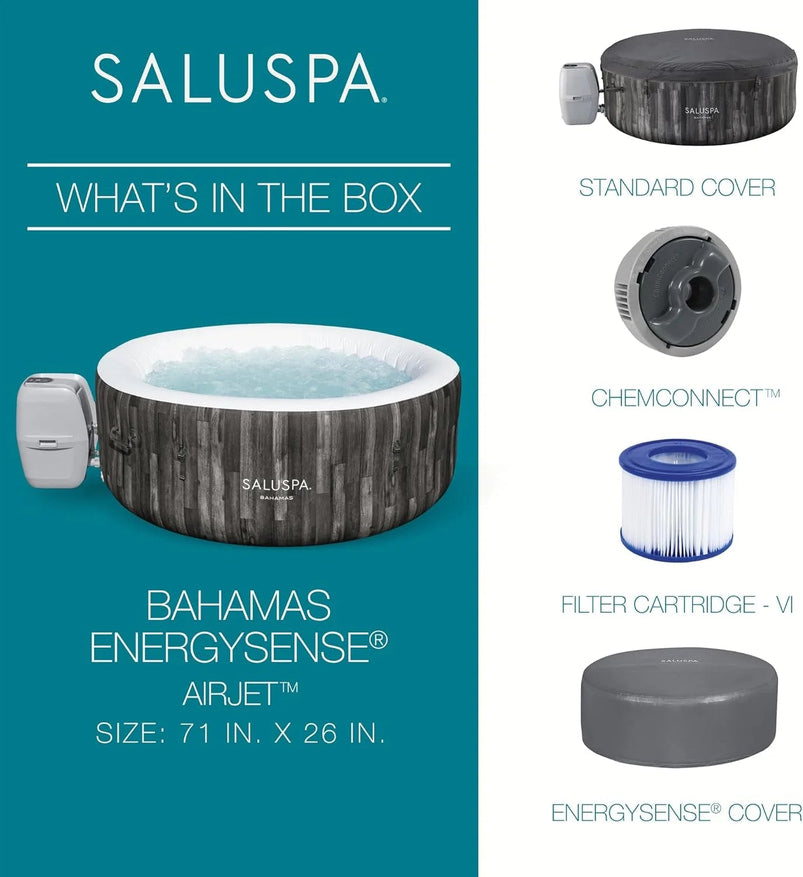 Bestway Saluspa Fiji Airjet Large Round 2 to 4 Person Inflatable Hot Tub Portable Outdoor Spa with 120 Airjets and Energysense Cover, Grey