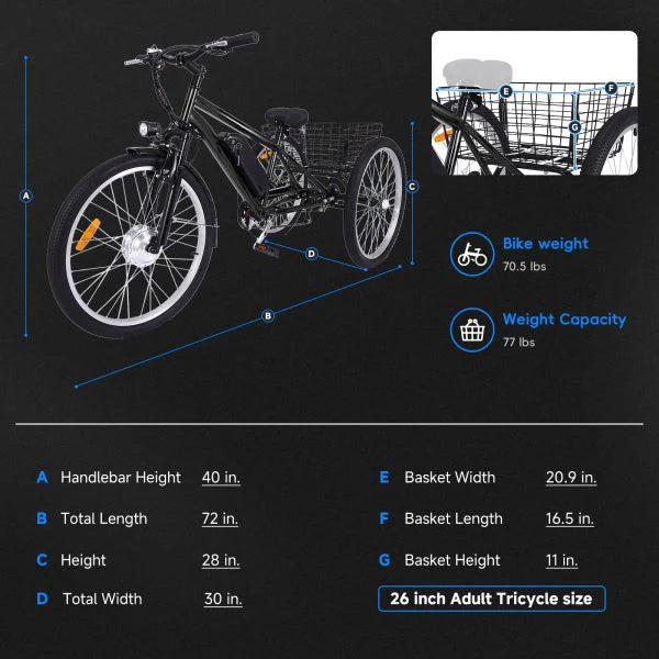 26 Inch Adult 3 Wheel Electric Tricycle with Basket, Fat Tires, 7 Speeds, 350W Powerful Motor, 36V 10Ah Removable Battery Dark Gray