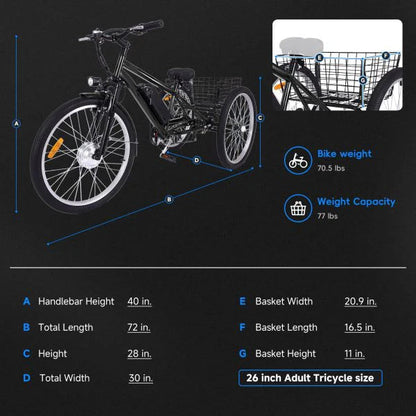 26 Inch Adult 3 Wheel Electric Tricycle with Basket, Fat Tires, 7 Speeds, 350W Powerful Motor, 36V 10Ah Removable Battery Dark Gray