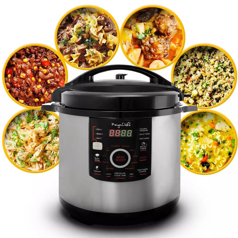 MegaChef 12 Quart Steel Digital Pressure Cooker with 15 Presets and Glass Lid