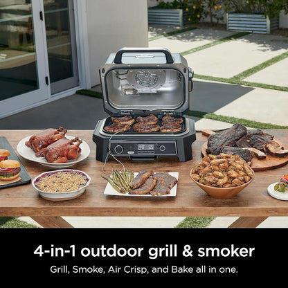 7-in-1 Grill and Smoker with Thermometer, Air Fryer, BBQ, Bake, Roast, Broil, Portable Electric Outdoor Grill, Grey