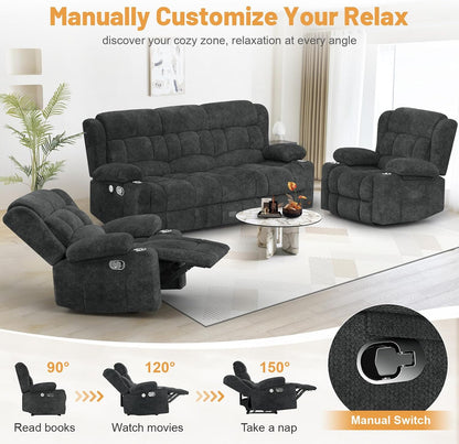 3 Seat Reclining Sofa with Storage Drawer USB Ports and Cup Holders Manual Couch