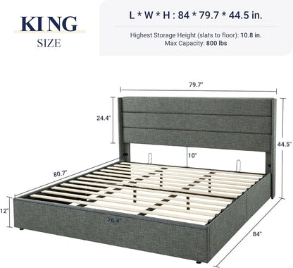 Allewie Queen Size Lift up Storage Bed, Modern Wingback Headboard, Hydraulic Support, Light Beige