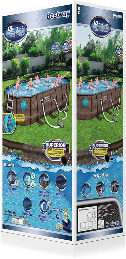 Bestway Power Steel 18' x 9 'x 48' Above Ground Swimming Pool Set with Metal Frame Home Swimming Pool Sand Filter Pump, Skimmer and Vacuum