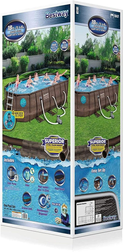 Bestway Power Steel 18' x 9 'x 48' Above Ground Swimming Pool Set with Metal Frame Home Swimming Pool Sand Filter Pump, Skimmer and Vacuum