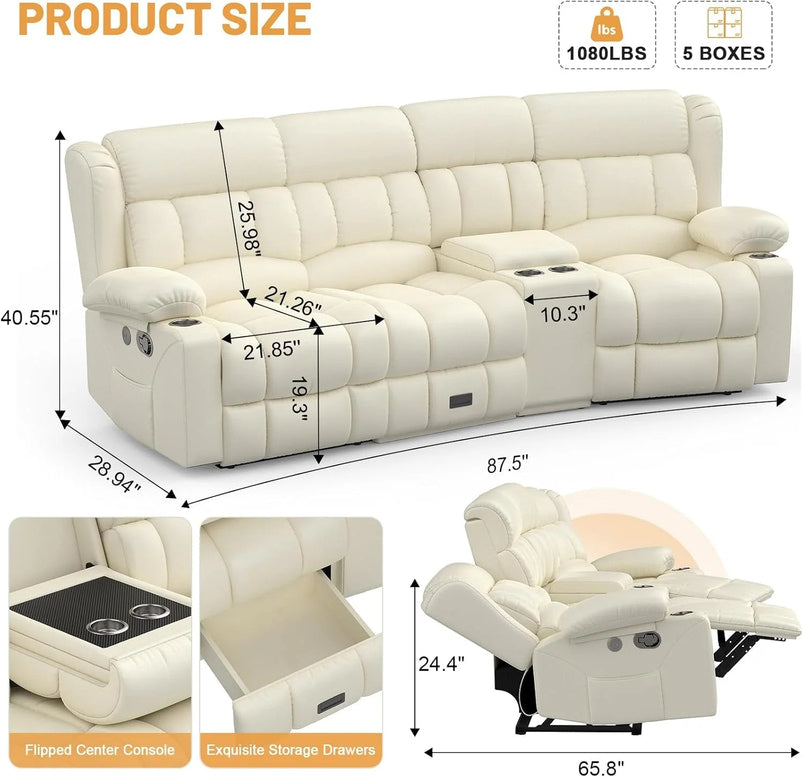 3 Seat Reclining Sofa with Storage Drawer USB Ports and Cup Holders Manual Couch