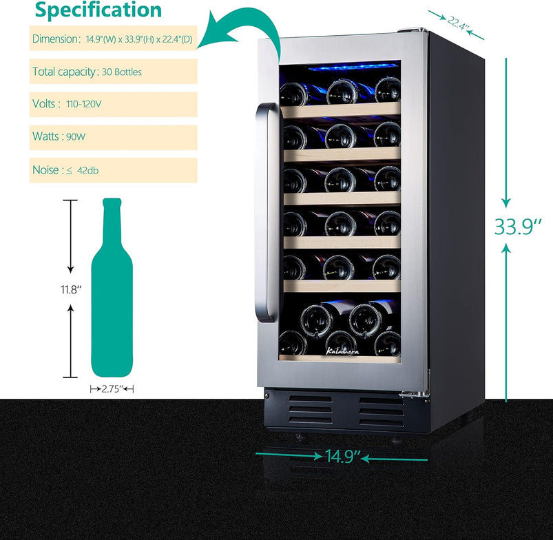 24 Inch Wine Cooler, 46 Bottle, Dual Zone Built-in or Freestanding Fridge with Stainless Steel Reversible Glass Door, for Home, Kitchen, or Office