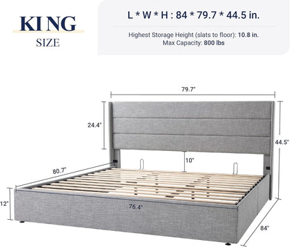 Allewie Queen Size Lift up Storage Bed, Modern Wingback Headboard, Hydraulic Support, Light Beige