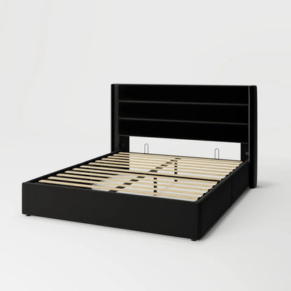 Allewie Queen Size Lift up Storage Bed, Modern Wingback Headboard, Hydraulic Support, Light Beige
