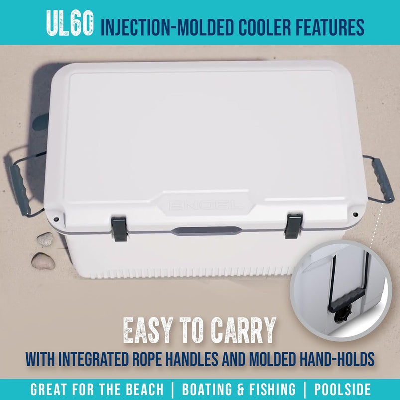 60 QT Ultra-Light Injection Molded Cooler, Ice Chest Keeps Ice up to 7 Days, Large Cooler Includes Wire Basket, Divider and Built-in Bottle Opener