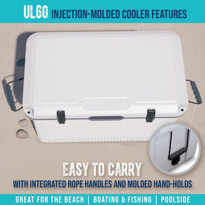60 QT Ultra-Light Injection Molded Cooler, Ice Chest Keeps Ice up to 7 Days, Large Cooler Includes Wire Basket, Divider and Built-in Bottle Opener