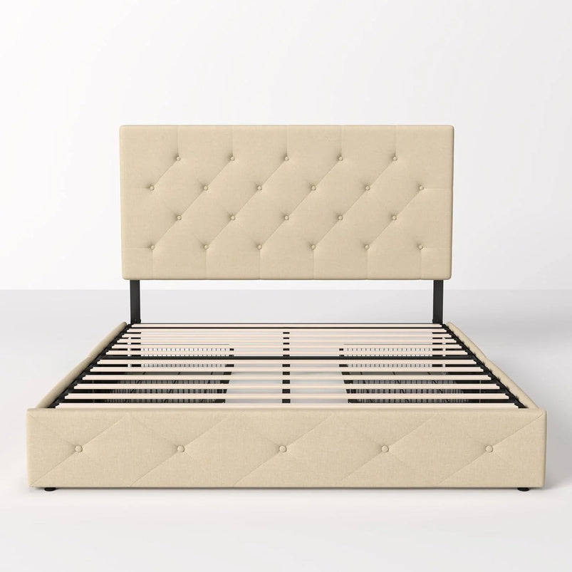 Allewie Upholstered Queen Size Platform Bed Frame with 4 Storage Drawers and Headboard, Square Stitched Button Tufted