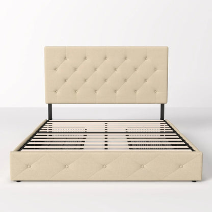 Allewie Upholstered Queen Size Platform Bed Frame with 4 Storage Drawers and Headboard, Square Stitched Button Tufted